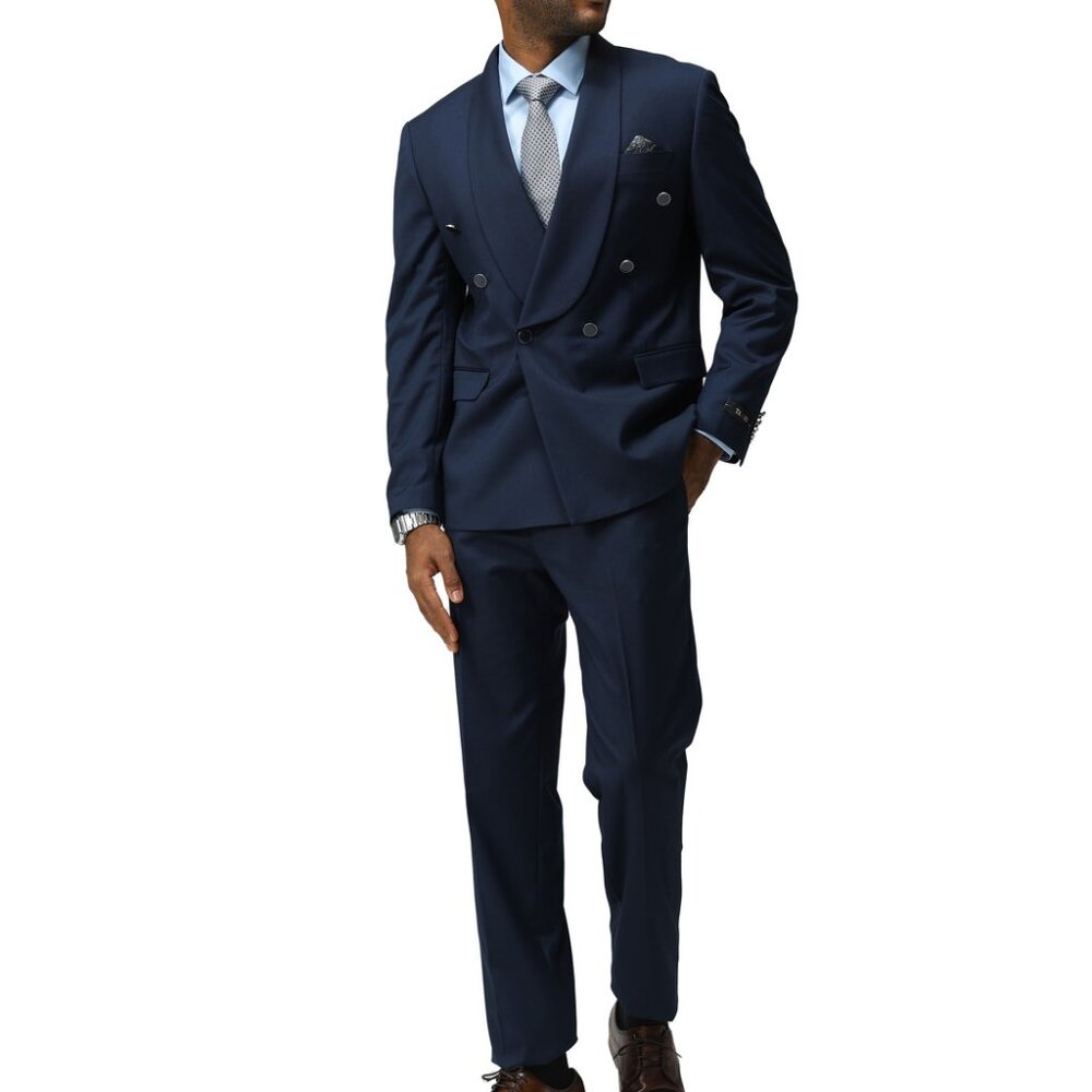 Solid Navy Shawl Lapel Skinny Fit Tazzio Men's Suit